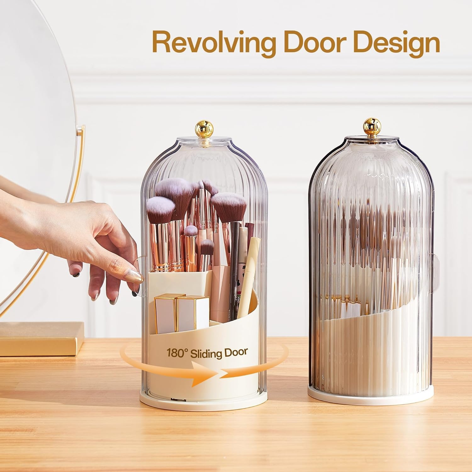 STORICANS Makeup Brush Holder Rotating Organiser with Clear Lid，Sliding Opening Dustproof Makeup Brush Case Makeup Organizer Storage for Dressing Table Organiser,Vanity,White - White image number 2