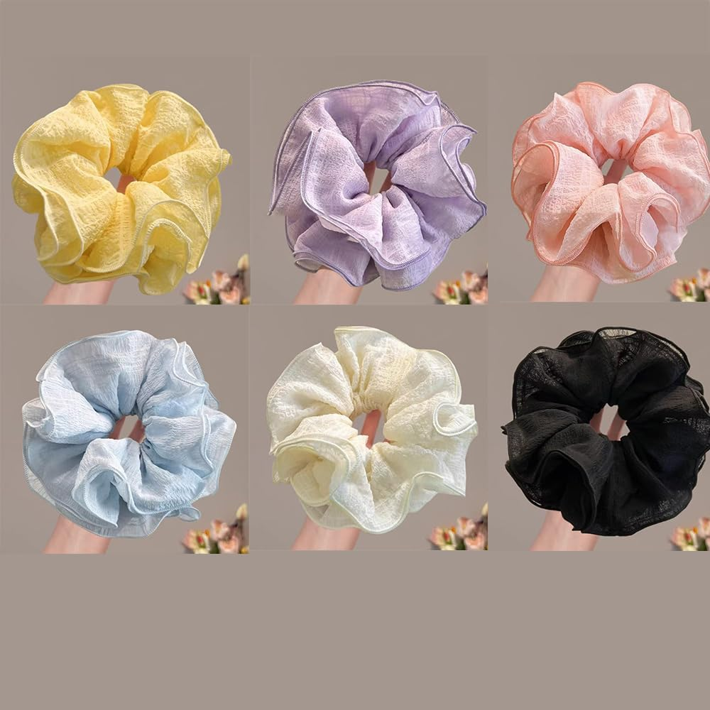 Chiffon Scrunchies Hair Scrunchies with Large Flower Women'S Elastic Bands Soft Elastic Ponytail Holder for Women Girls Hair Accessories (Style I, Pack of 6) image number 1