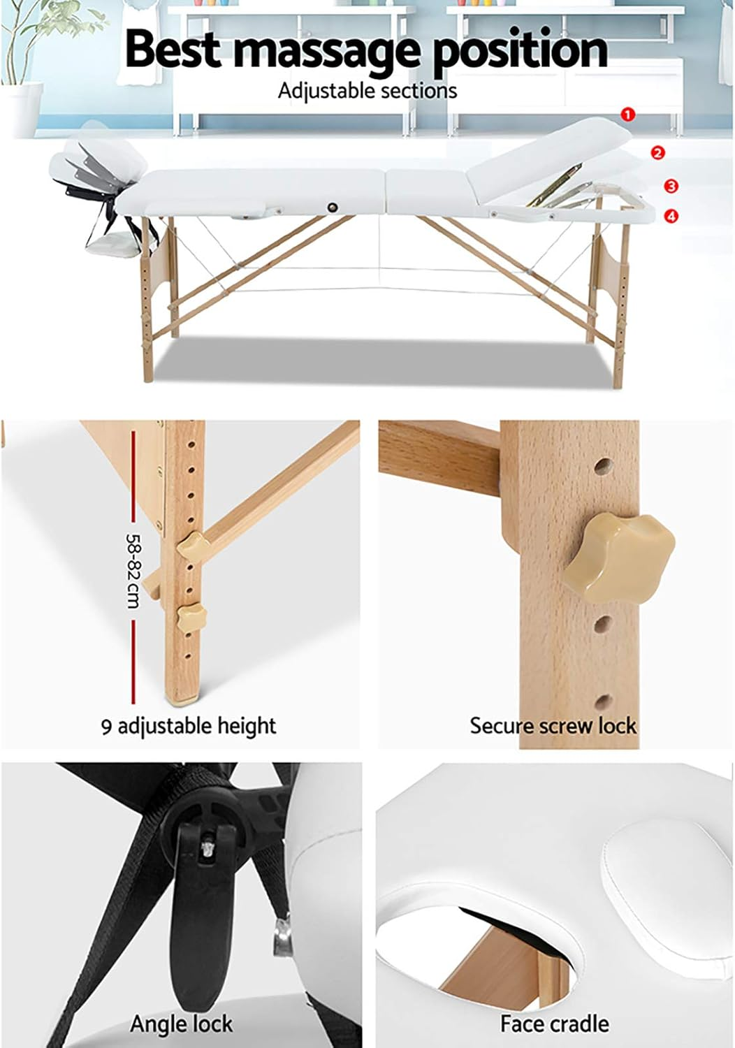 Zenses Massage Table Wooden 70Cm White Portable, Massages Therapy Bed, Folding 3 Fold Waxing Beauty Spa Beds Headrest Bounes Cover Covers Carry Bag Adjustable Height image number 2