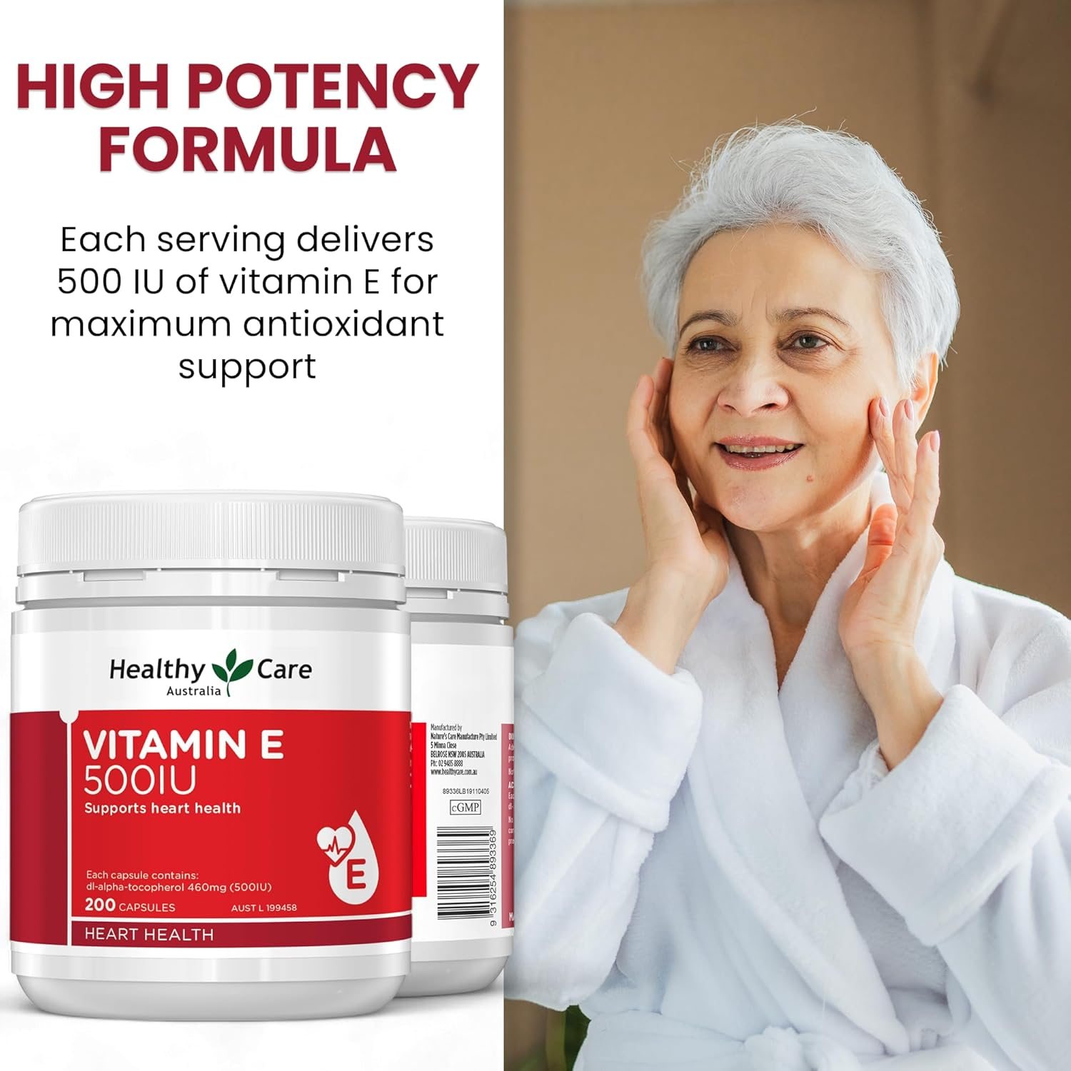 Healthy Care Vitamin E Capsule 500IU - Supports Heart Health and Provides Antioxidant Protection - Premium Quality Dietary Supplement - 200 Capsules