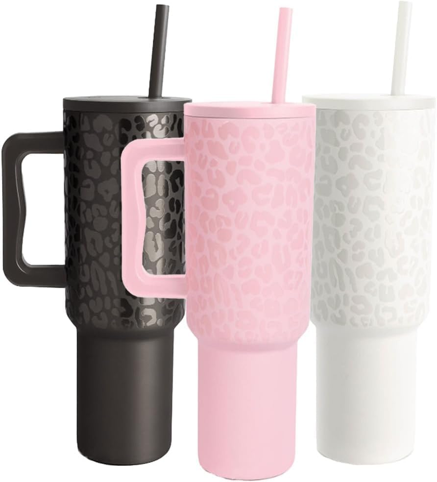40 Oz Tumbler with Handle and Straw Lid, Insulated Reusable Stainless Steel Water Bottle Travel Mug Cupholder Use, Gifts for Women Men Him Her, Black Leopard image number 5