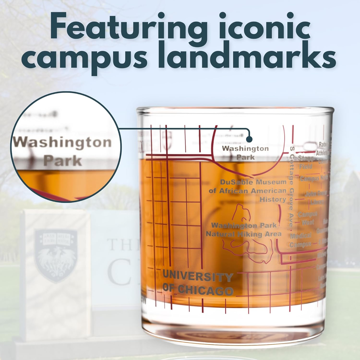 Greenline Goods &ndash; University of Chicago Maroons College Whiskey Glasses (Set of 2), 10 Oz &ndash; Full-Color Logo + Campus Map image number 3