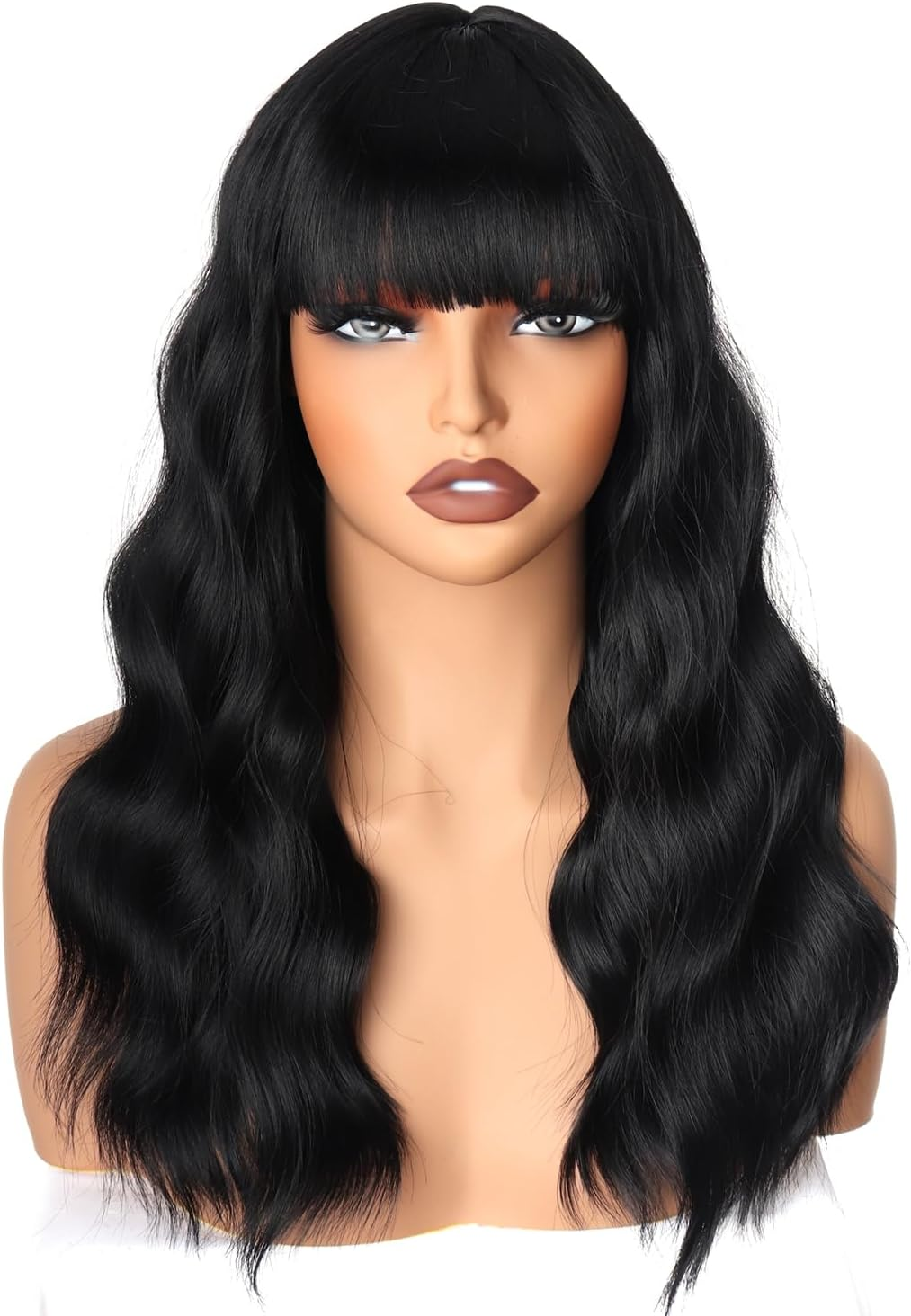 PORSMEER Women'S Wig Medium Length Wavy Wigs Black with Bangs for Women, Natural Curly Synthetic Hair Wig, Everyday Anime Cosplay Costume Party Halloween Carnival, Black Wig 45 Cm