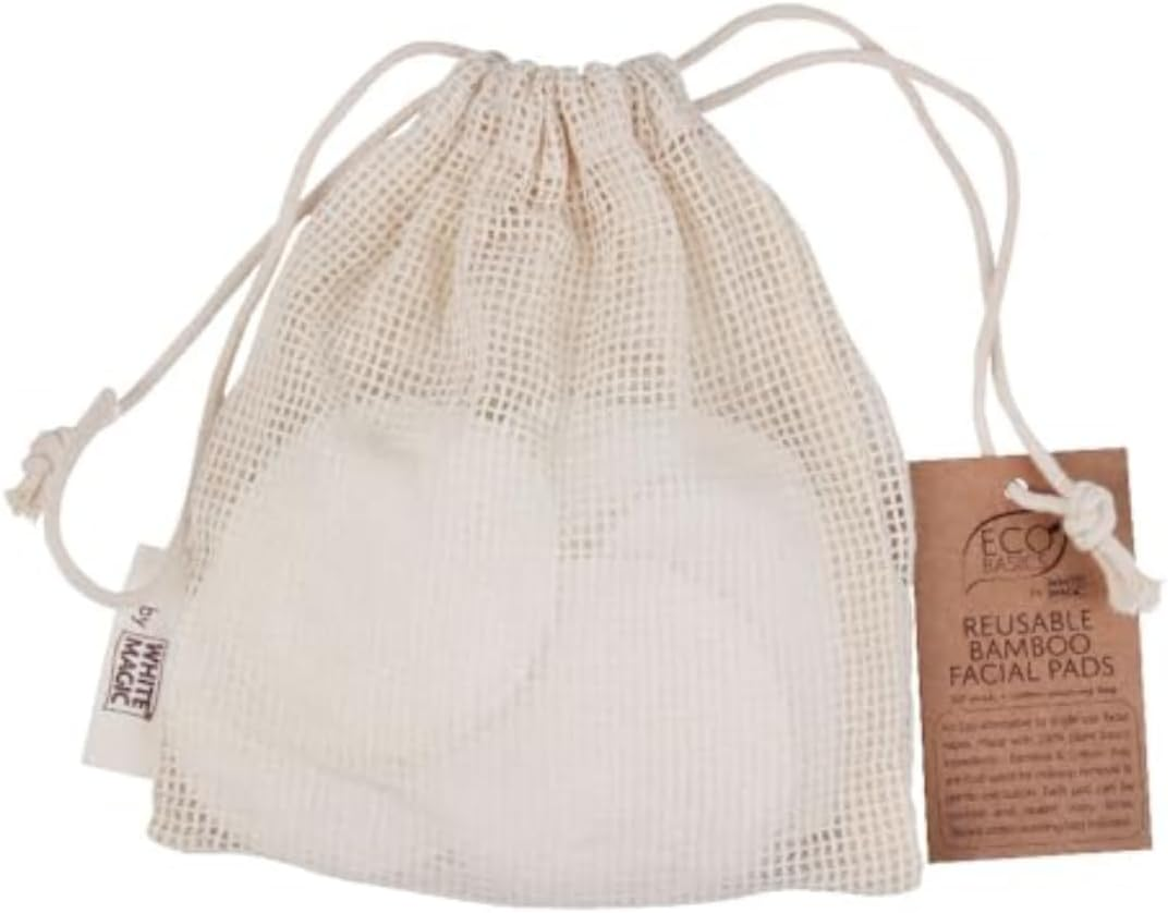 Eco Basics Reusable Bamboo Facial Pads &ndash; 100% Plant-Based, Dual-Sided for Makeup Removal & Exfoliation, Washable, Eco-Friendly with Cotton Wash Bag, Diameter 8Cm, Bag Size 20X17Cm image number 1