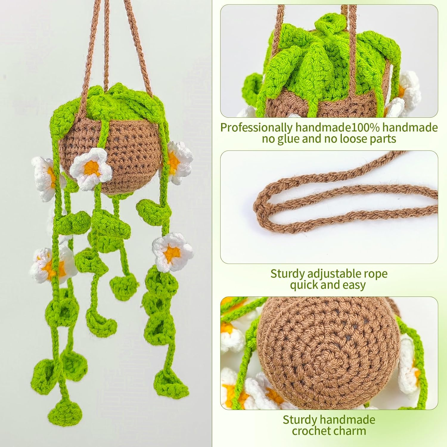 Crochet Plant Hanging Basket Car Rear View Mirror Hanging Accessories Women Interior Aesthetics Cute Handmade Knitted Girly Gift(White Flowers) image number 5