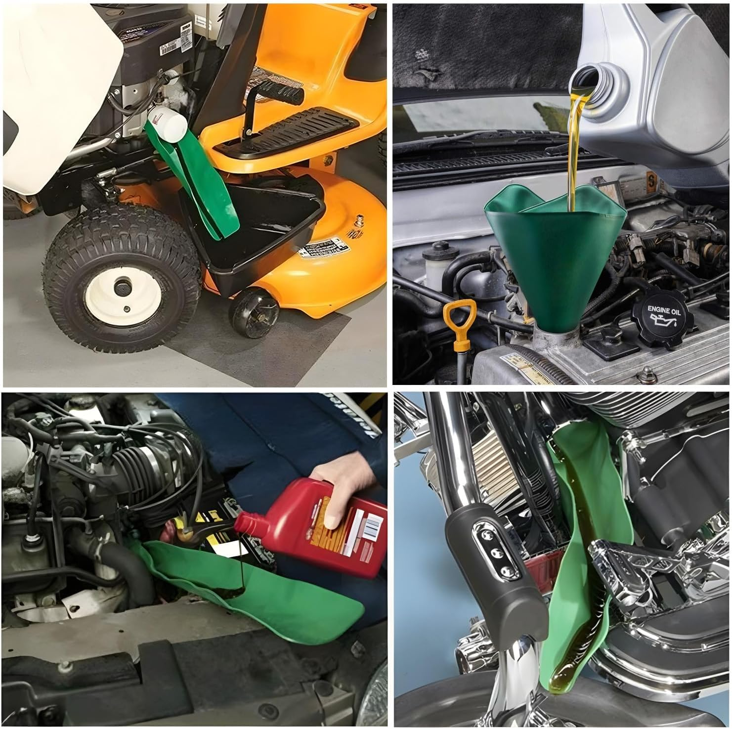 2 Pack Flexible Draining Oil Funnel,14.5" X 6.7" Free Folding Deflector Rubber Tool, Universal for Car, Garden and Lawn Accessories (Green and Red) image number 4