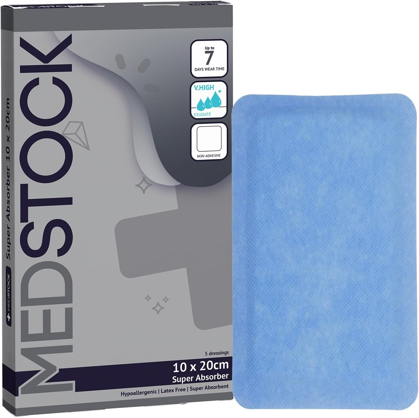 MEDSTOCK Super Absorber Dressing, 10CM X 15CM, 10 Count, Wound Care, Ultimate Absorption, Holds Extra Volumes of Exudate, Less Frequent Dressing Changes, Reduces Damage Risk & Maceration