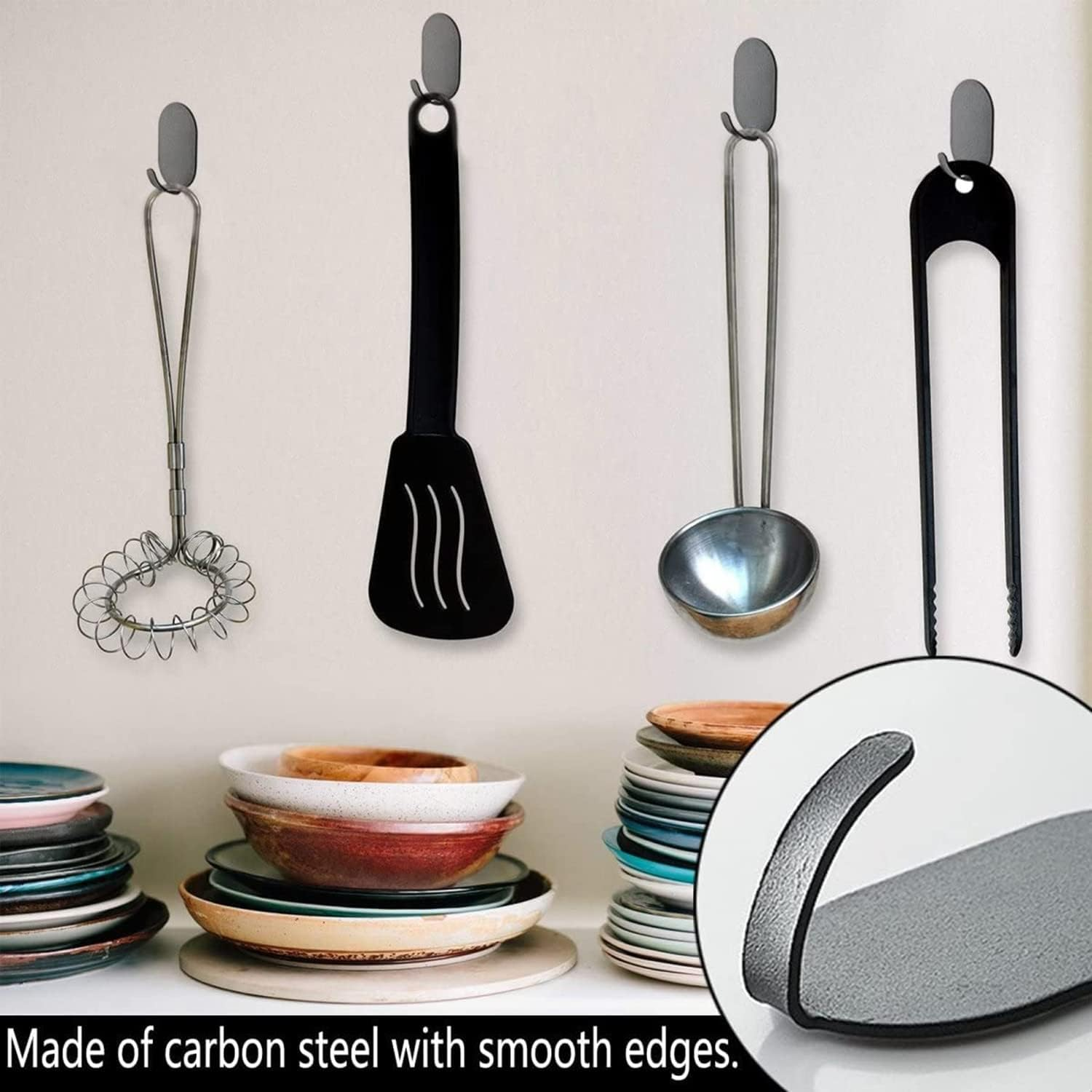 10 Packs Self Adhesive Hook, Heavy Duty Wall Hooks,Durable Strong Carbon Steel Nail Free Sticky Hanger Hooks 3M Adhesive Hooks for Kitchen, Bathrooms, Home, Doors, Office, Closet (White) - Black image number 2