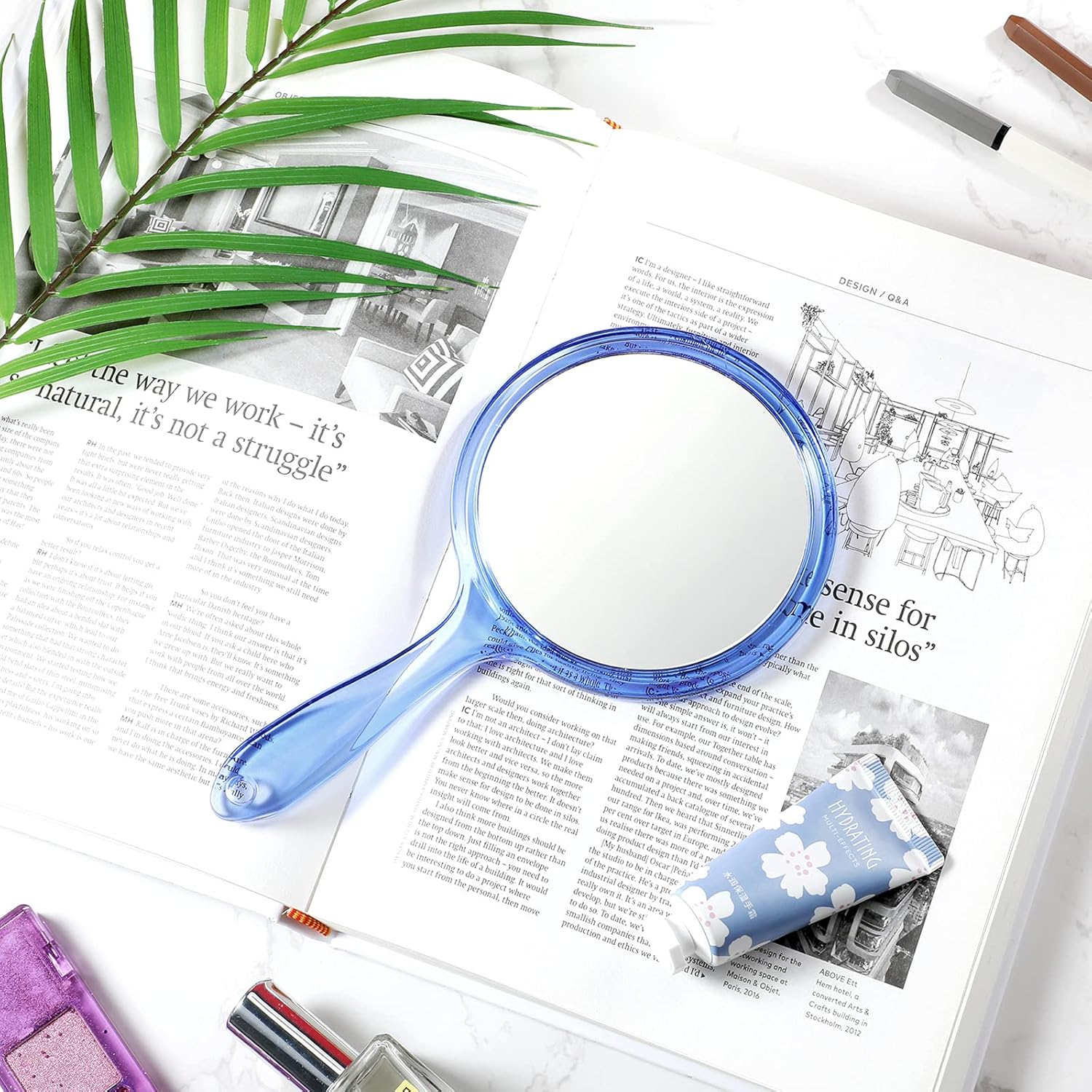 Jetec Double Sided Handheld Mirror - 1X/ 2X Magnifying Mirror with Handle - Rounded Shape Makeup Mirror (Blue) - Clear image number 6