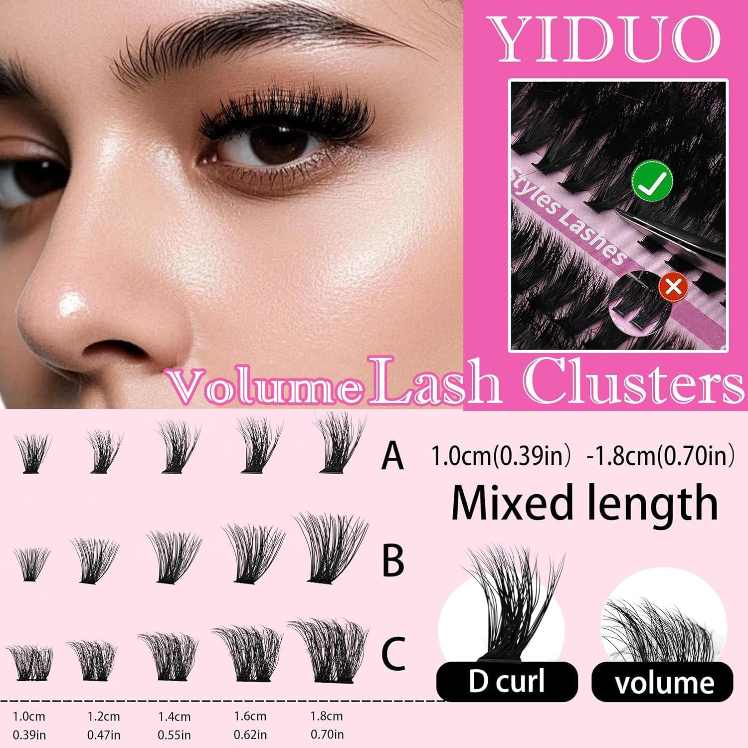 YIDUO Lashes Clusters Kit False Eyelashes Extensions Fluffy D Curl Wispy Individuals Fake Eyelashes, Volume Studio Effect, 255Pcs All-In-1 Pack with Glue |Tweezers |Removers |Eyelash & Eyebrow Brush image number 1