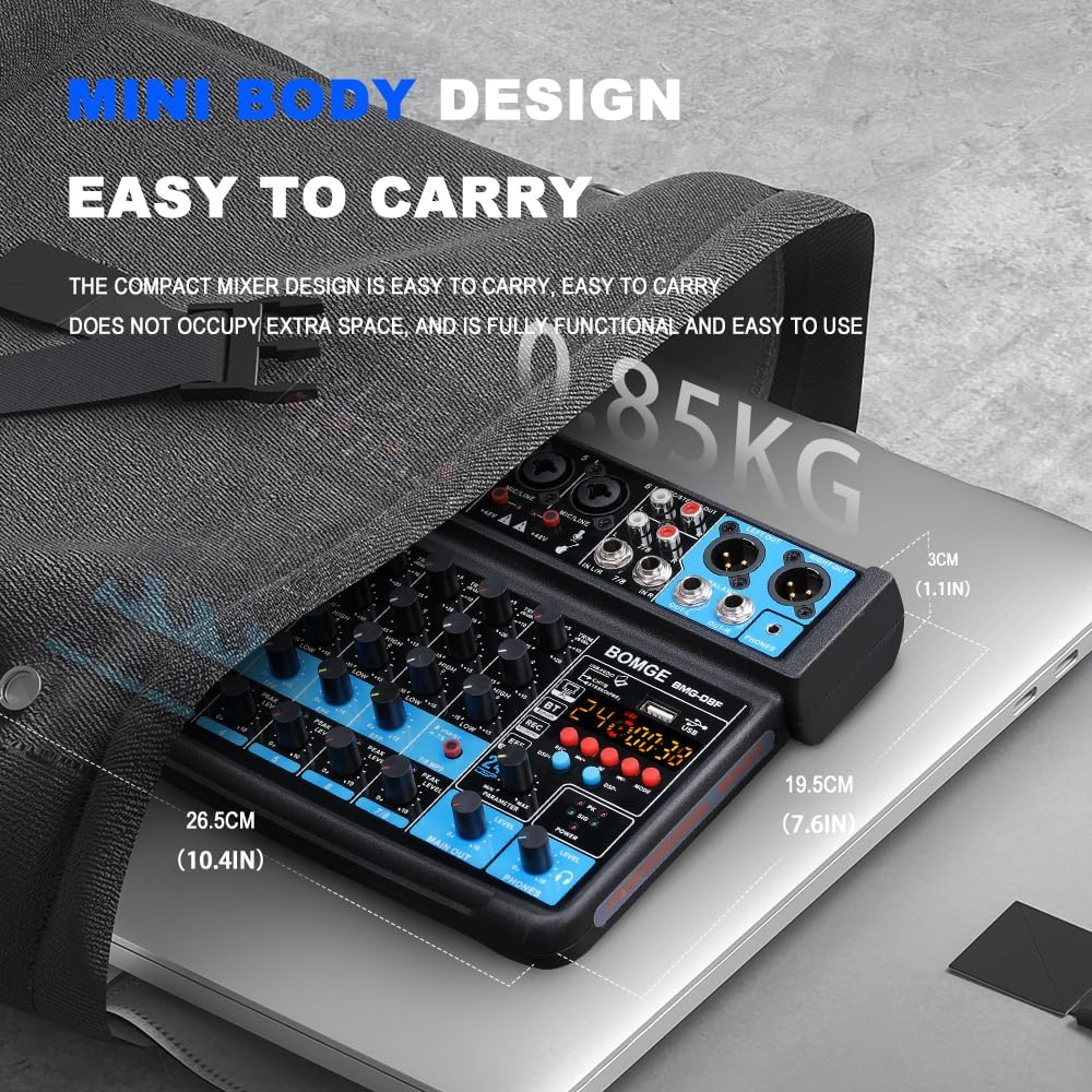 BOMGE 8 Channel Mini Audio Mixer Line Mixer, DC 5 V, with MP3 Player, Bluetooth, U Disk 48 V, 24DSP Effects, USB Recording Ideal for Small Clubs or Bars, Studio Recording (8 Channels-Black)