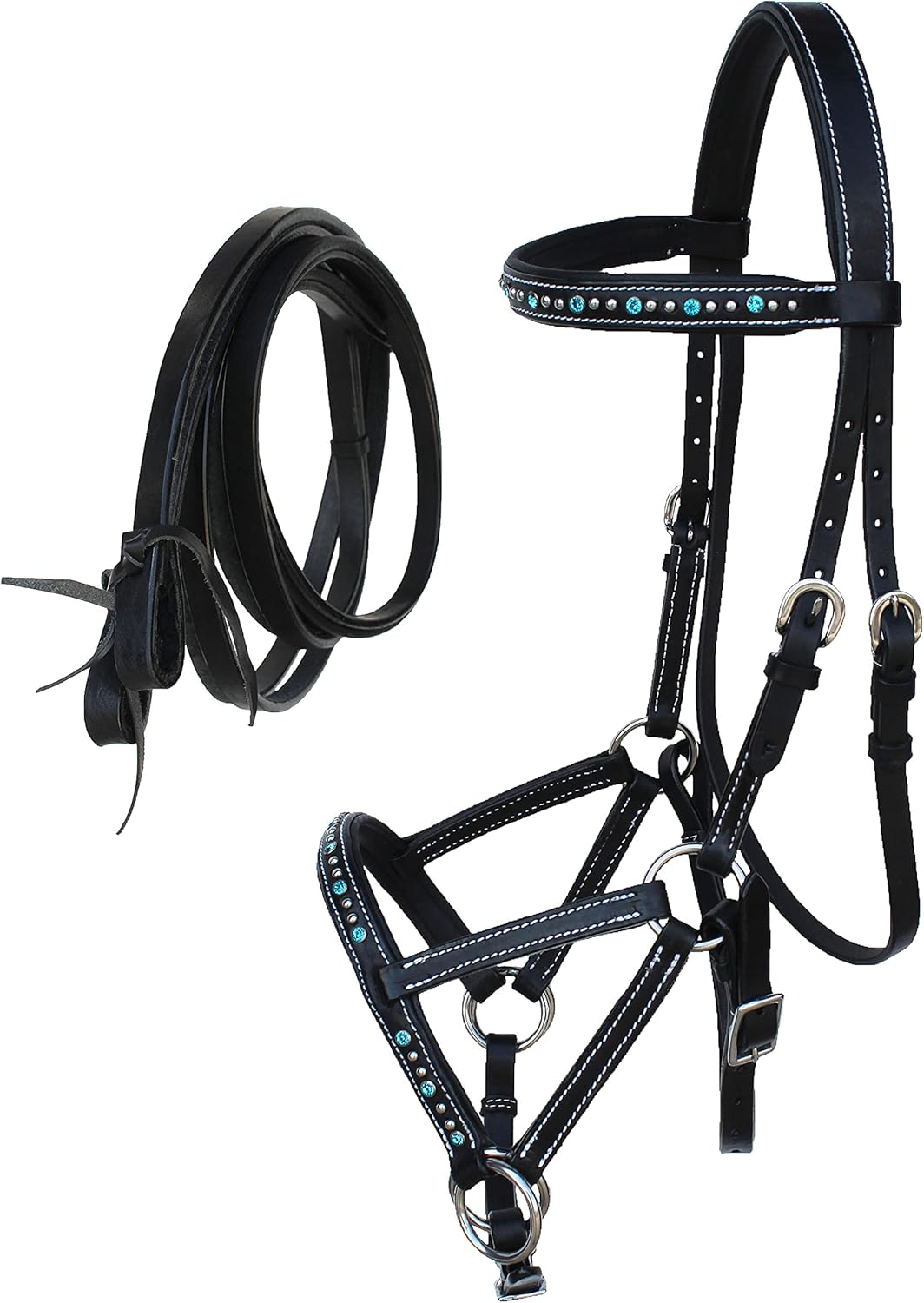 CHALLENGER Horse Western Leather Blue Rhinestone Bitless Sidepull Bridle Reins 77RS04