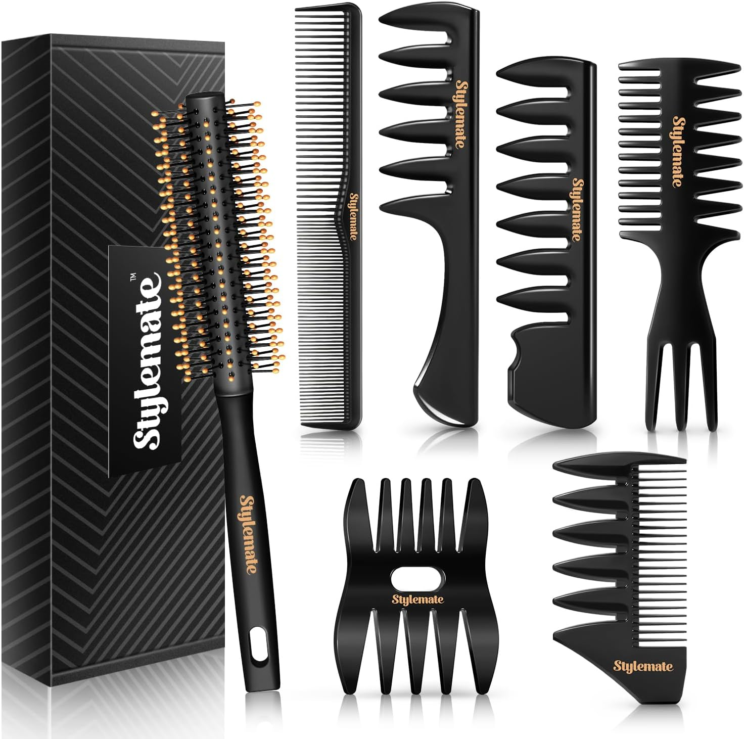 3Pcs Hair Styling Combs Set for Men - Black Barber Wide Tooth Texture Comb for Quiff, Pompadour, Slicked-Back, Fauxhawk, Undercut