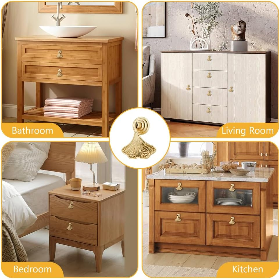 10 Pcs Ginkgo Leaf Drawer Knobs, Zinc Alloy Gold Kitchen Cabinet Pull for Dresser Cupboard Furniture Hardware Handle image number 4