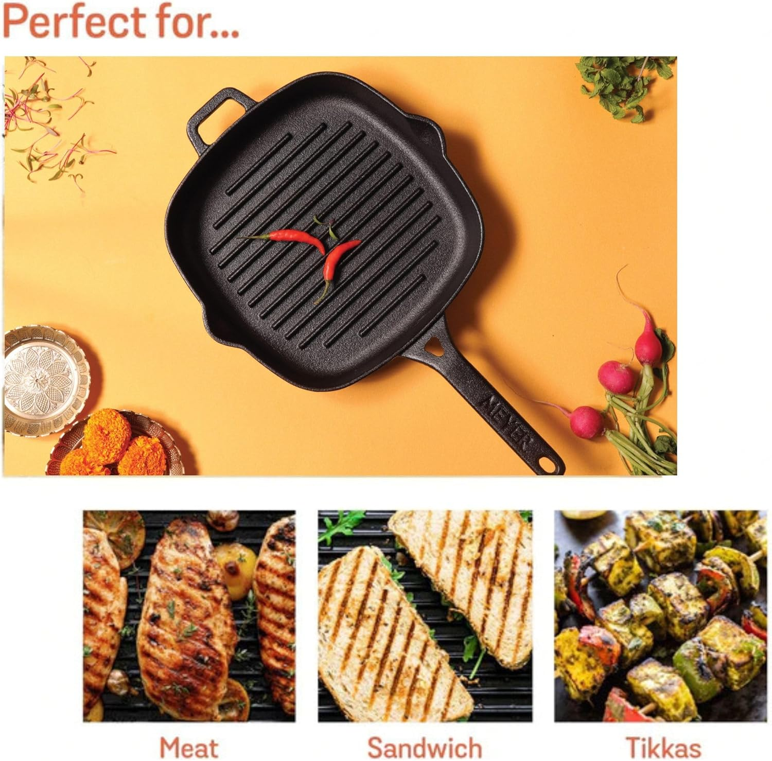 Meyer Pre-Seasoned Cast Iron Cookware 25Cm Grill Pan, Pots and Pans, Induction Compatible, Oven Safe, Black image number 4