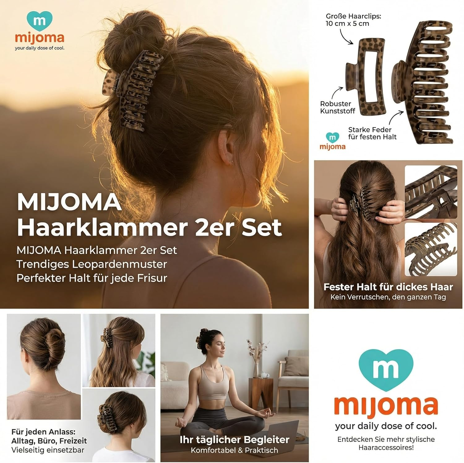 MIJOMA Hair Clips Set of 2 in Leopard Print - Large Hair Clips 10 X 5 Cm for Women & Girls - Stylish Hair Accessories for a Firm Hold for Everyday and Leisure image number 6