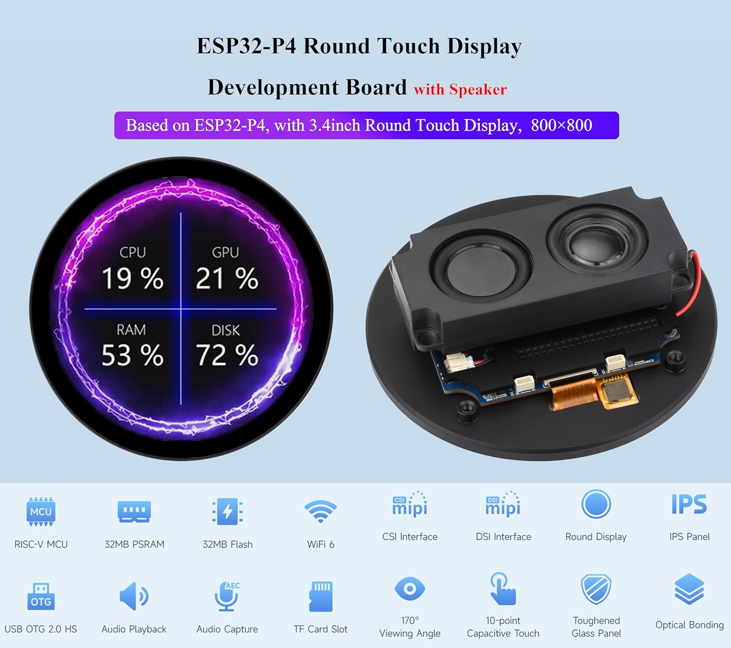 ESP32-P4 3.4 Inch round Touch Display Development Board, IPS LCD, 800X800 Resolution, Support Wfi 6 / BLE 5,Onboard Dual Microphones, Audio Input/Output, Supports AI Voice Interaction image number 3