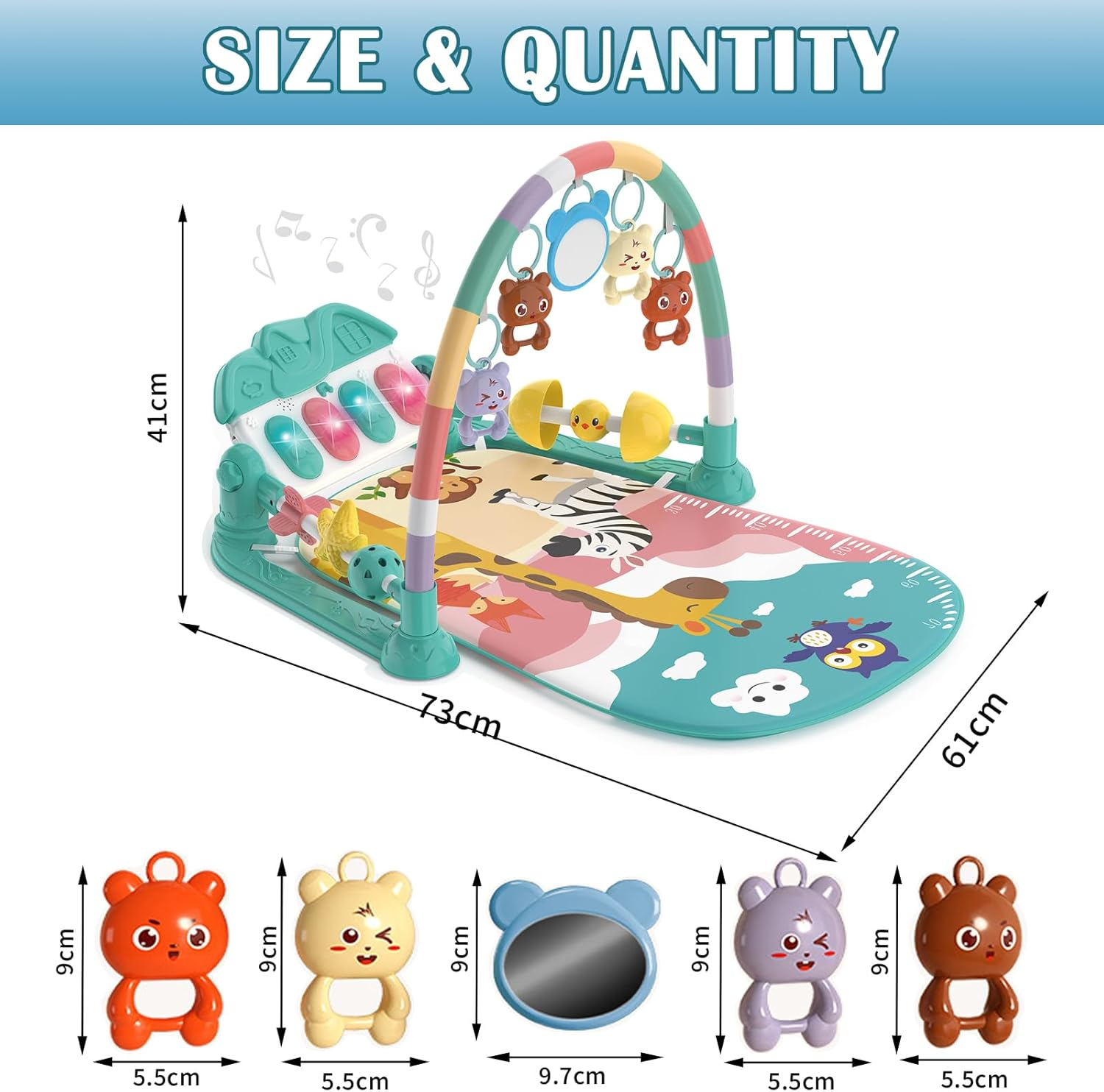 Baby Gyms Play Mats, Funny Play Piano Tummy Time Baby Activity Mat with 5 Infant Sensory Baby Toys Baby Play Piano Gym Mat with Music and Light for Babies Newborns and Toddlers (Green & Pink) image number 5