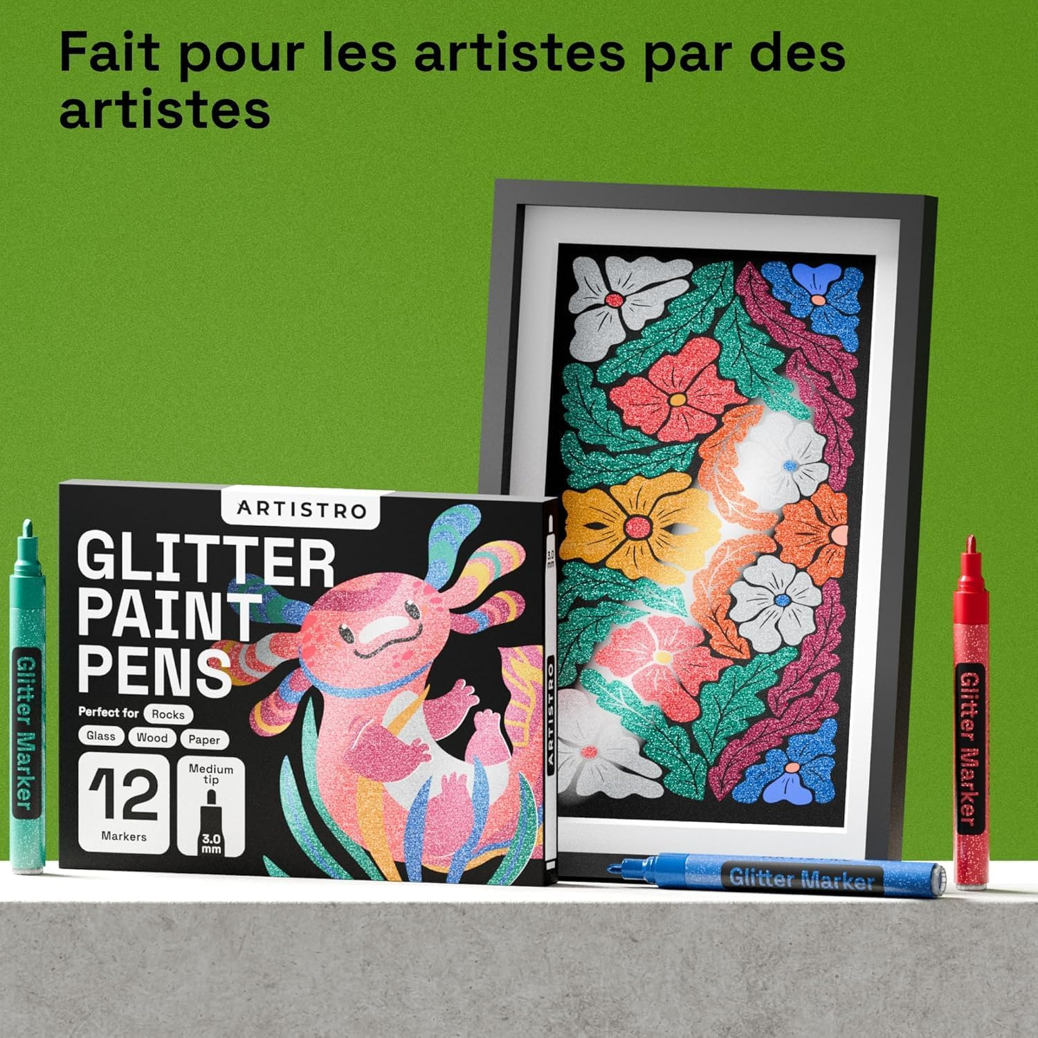 ARTISTRO 12 Glitter Paint Pens Sparkly and Shiny for Rock Painting, Stone, Ceramic, Glass, Wood, Fabric, Scrapbooking, DIY Craft Making, Coloring, Acrylic Glitter Markers, Medium Tip 3.0Mm