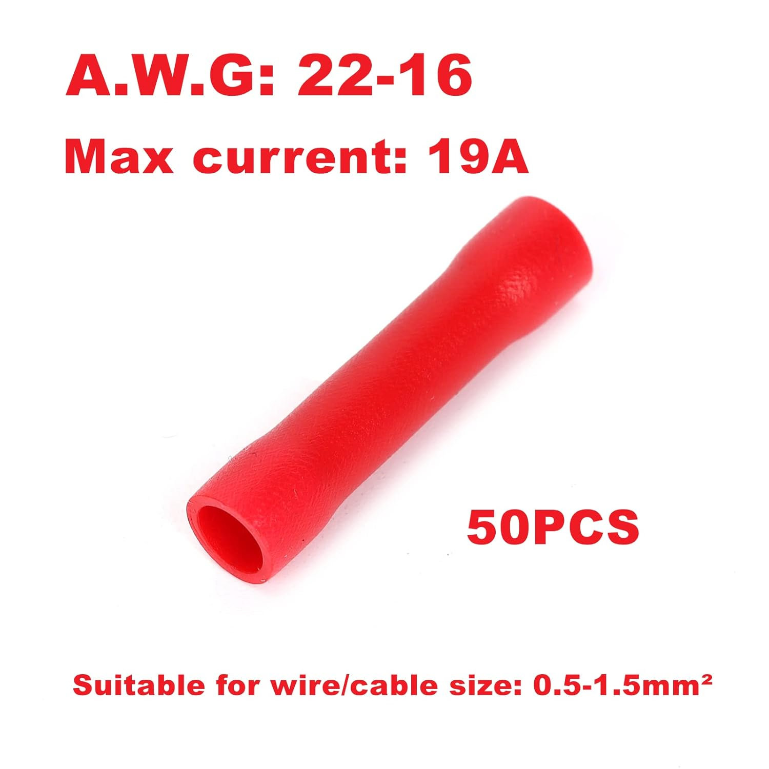 Ruimou 50Pcs Red 19A AWG 22-16 Crimp Copper Tube Butt Connector, Insulated PVC Terminals for Wire Cable, Car, Family,Electrical (Red) image number 5