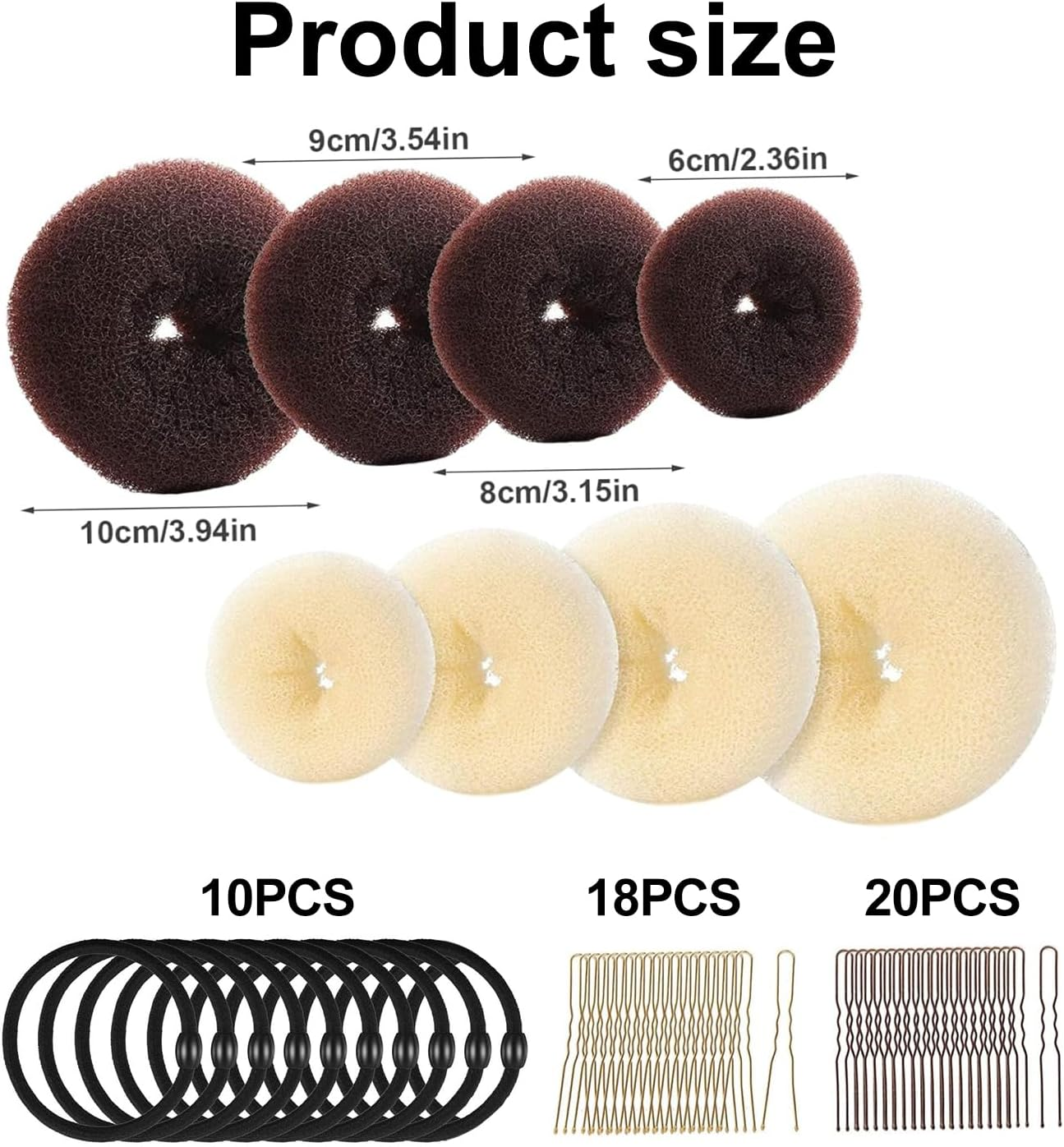 Topbine Hair Bun Maker Set, Donut Bun Maker Set with 4Pcs Dark Brown &4Pcs Beige(2 Extra-Large,2 Large,2 Medium and 2 Small), 10 Pieces Hair Elastic Bands, 38 Pieces Hair Bobby Pins (Brown and Gold) image number 1