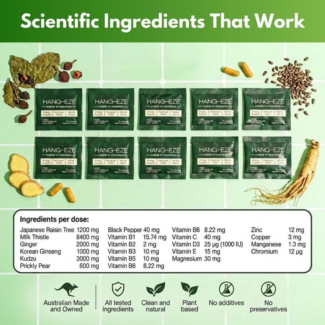 Hangover Relief Supplement - 10 Pack Australian Superior Formula of 20 Vitamins, Minerals and Herbal Extracts. for Hangover Relief, Fatigue, Headaches, Nausea. Enhance Mental Clarity and Energy Levels. image number 4