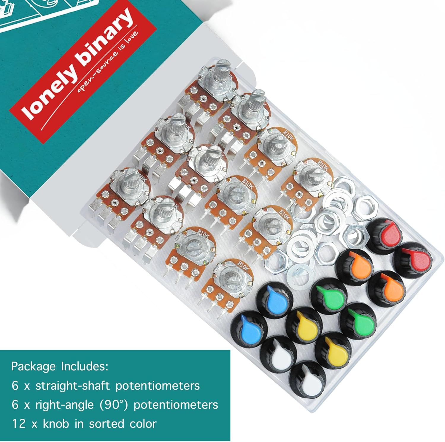 Lonely Binary 12-Pack 10K Rotary Potentiometers with Assorted Knobs, 6 Straight & 6 Right-Angle, 12 Knobs, Breadboard-Friendly, Perfect for Arduino, Raspberry Pi, ESP32 Projects, and DIY Electronics.