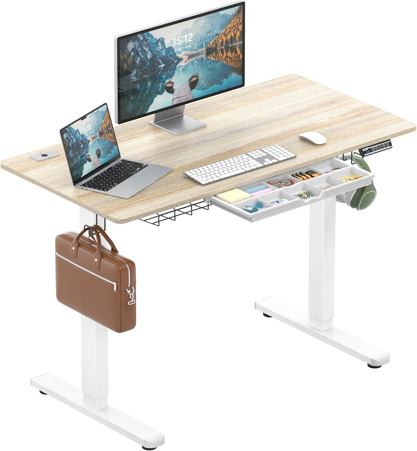 SHW 120 X 60 Cm Electric Height Adjustable Standing Desk with Memory Preset and Cable Management Tray, Maple