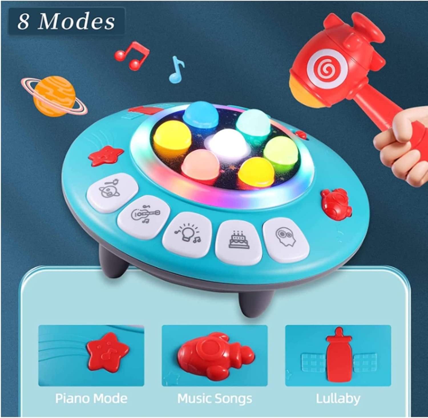 8-In-1 Musial Pounding Toy, Toddler Toy Age 2-4 Boy, Light-Up UFO Musical Interactive Pounding Toy, Spaceship Hammer Educational Game for 2 3 4 5 Kids, Fun Birthday Gifts Boys Girls Present image number 3