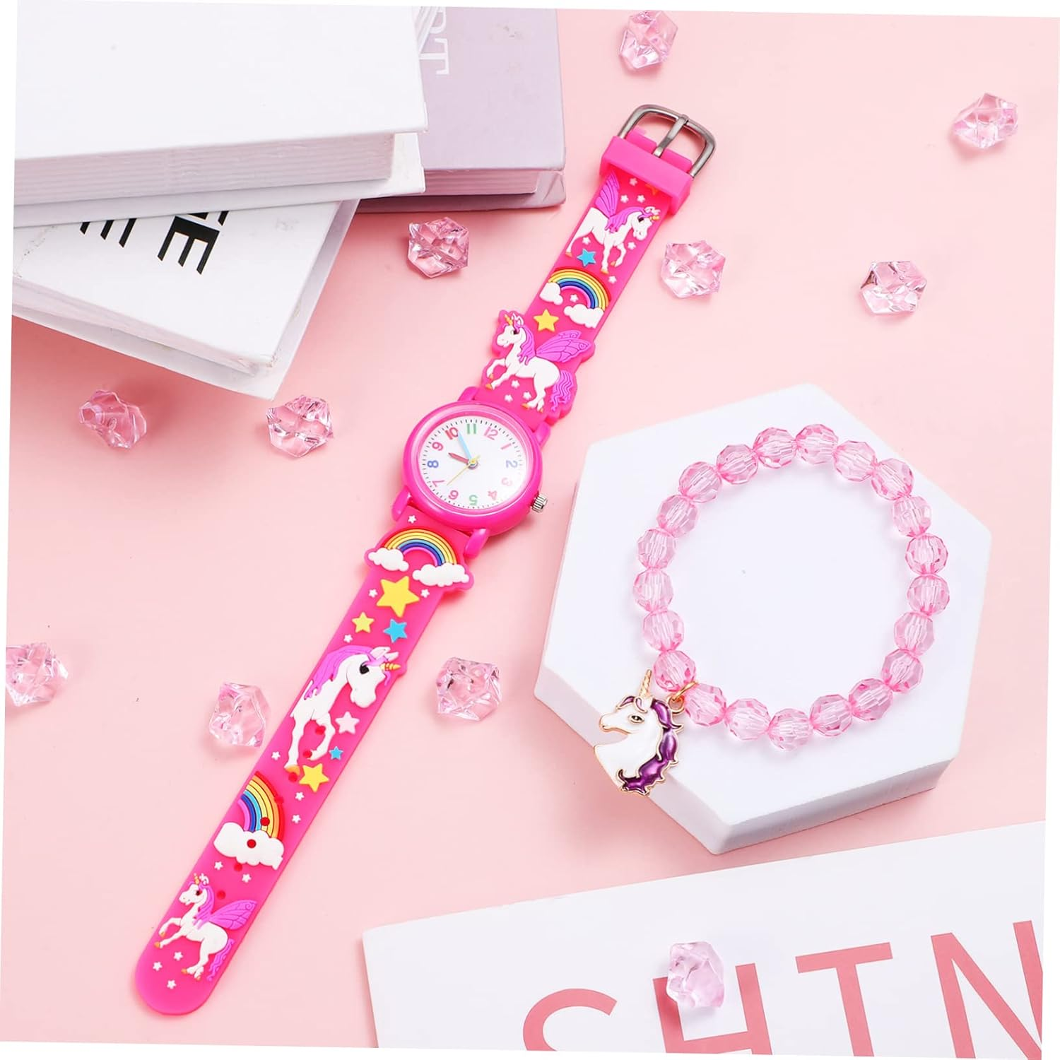 LIFKOME 1Set Unicorn Watch and Bracelet for Girls Digital Cartoon Wristwatch with Beaded Unicorn Bracelet Present for Boy Girl Birthdays and Festivals image number 5