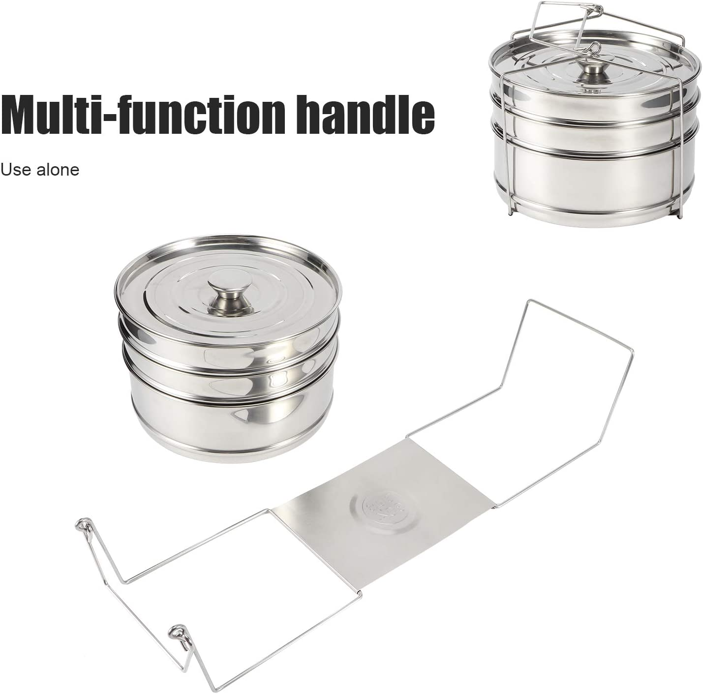 Stackable Steamer Insert Pans, 3 Tier Stainless Steel Steamer Cooker Pot Set Cook Food Pressure Pot Accessories with Folding Handle, for Baking, Vegetables, Meat, Fish, Soup image number 6