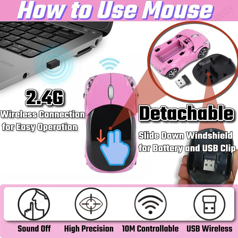 Huguwdy Pink Wireless Mouse，2.4G Wireless Car Mouse with USB Reciver 1600DPI Optical Mouse Cute Wireless Mouse for PC Computer Laptop Tablet for Win Xp/Vista/Win7/Me/2000/For Mac Os(Cute Car Mouse) image number 4