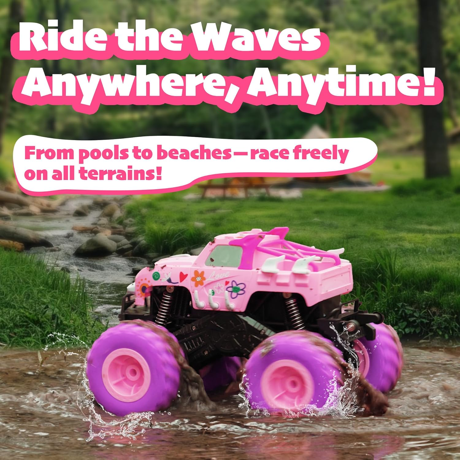 Threeking 1:16 Waterproof Monster Truck Pickup Toys RC Cars Amphibious Remote Control Car Truck 4WD All Terrain Off-Road Toy for 4 5 6 7 8 9 10 11 12 Year Old Boys Girls Toys Gifts Presents Pink image number 1