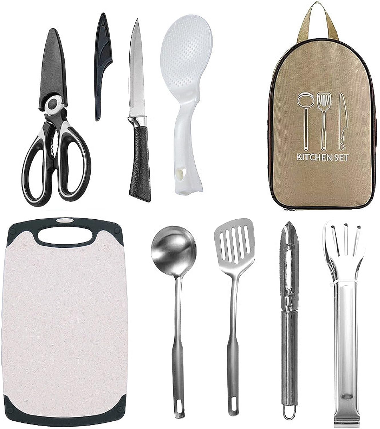 8Piece Camping Cookware Travel Set with Storage Box ，Camping Kitchen Utensils Kit with Spoon, Scissors, Knife, Ladle, Cutting Board, Slotted Turner, Peeler, BBQ Tongs image number 1