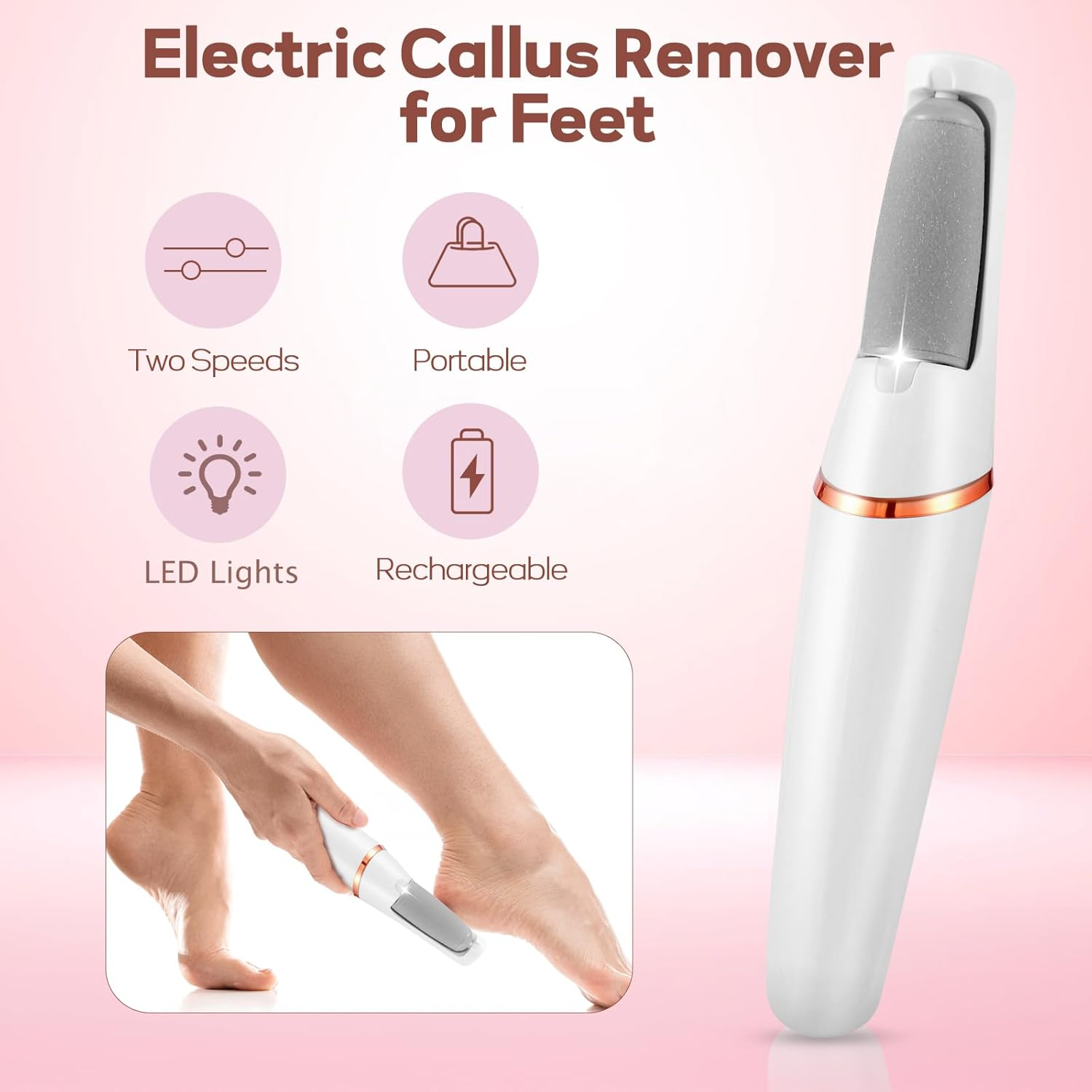ZABOUL Electric Foot Callus Remover, Callus Remover for Feet Rechargeable Portable Pedicure Tool Kit, Smooth Pedicure Wand for Feet Care, Removes Dry Hard & Dead Skin Ideal Gift (White) image number 2
