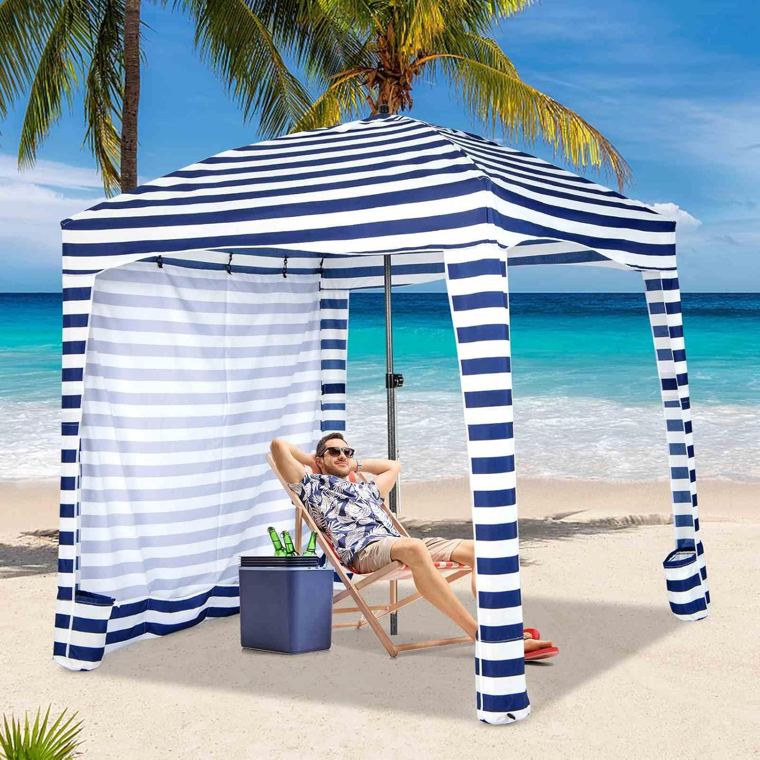 Costway 1.8 X 1.8M Foldable Beach Cabana Tent, Portable Beach Canopy with Carrying Bag, Detachable Sidewall, 8 Sandbags, Sun-Protection Outdoor Shade Instant Sun Shelter for Beach Patio Camping Picnic image number 1