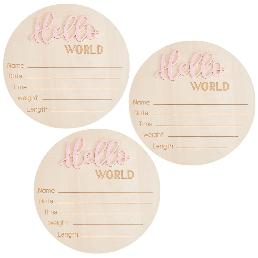 HOBBIESAY 3Pcs Pink Announcement Sign Wooden Hello World Newborn Welcome Board Stat Plaque Souvenir and Gifts for New Parents Home Hospital Nursary Decoration