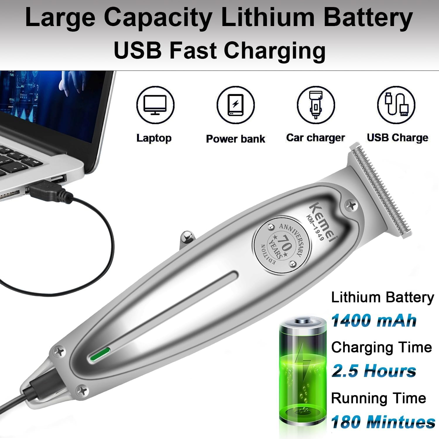 KEMEI Professional Hair Trimmer for Men Zero Gap Trimmer Electric Wireless Beard/Hair Trimmer Rechargeable Hair Cutting Machine for Stylists and Hairdressers Grooming Kit, Km-1949-Silver image number 3