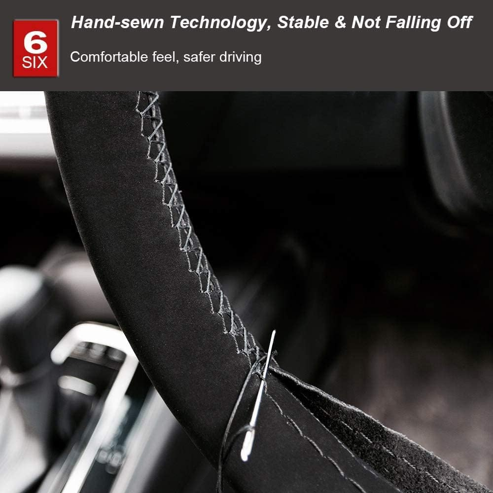 AUTOXBERT 38Cm/15 Suede Leather Non-Slip Steering Wheel Cover DIY Hand Sewing Cowhide Leather Skidproof Car Protector with Needle Thread image number 1