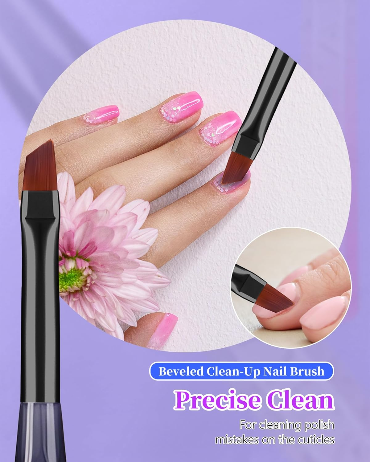 Amilhiton 3PCS Nail Polish Clean up Brush, Round&Flat&Bevel Acetone Resistant Nail Brush for OPI Nail Polish Remover, Fingernail Cleaning Brushes at Home Nail Art and Designs(Gilded Pink) image number 2