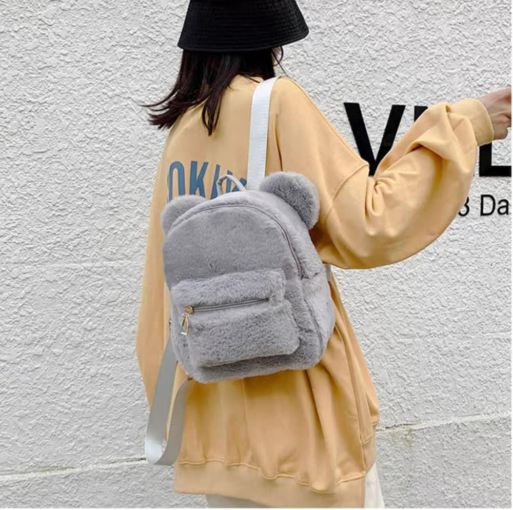 Cute Fuzzy Bear Ears Backpack Kawaii Soft Fluffy Casual Daypack Mini Shoulder Bag Purse for Girls - Grey image number 3