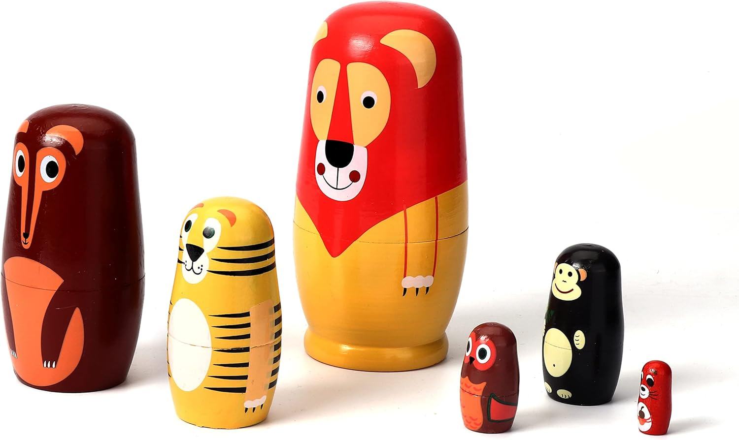 SWANGSA 6 Pcs Russian Nesting Dolls, Cute Cartoon Animals Handmade Wood Stacking Matryoshka Nesting Dolls for Kids Birthday Wishing Gift, Home Decoration image number 2