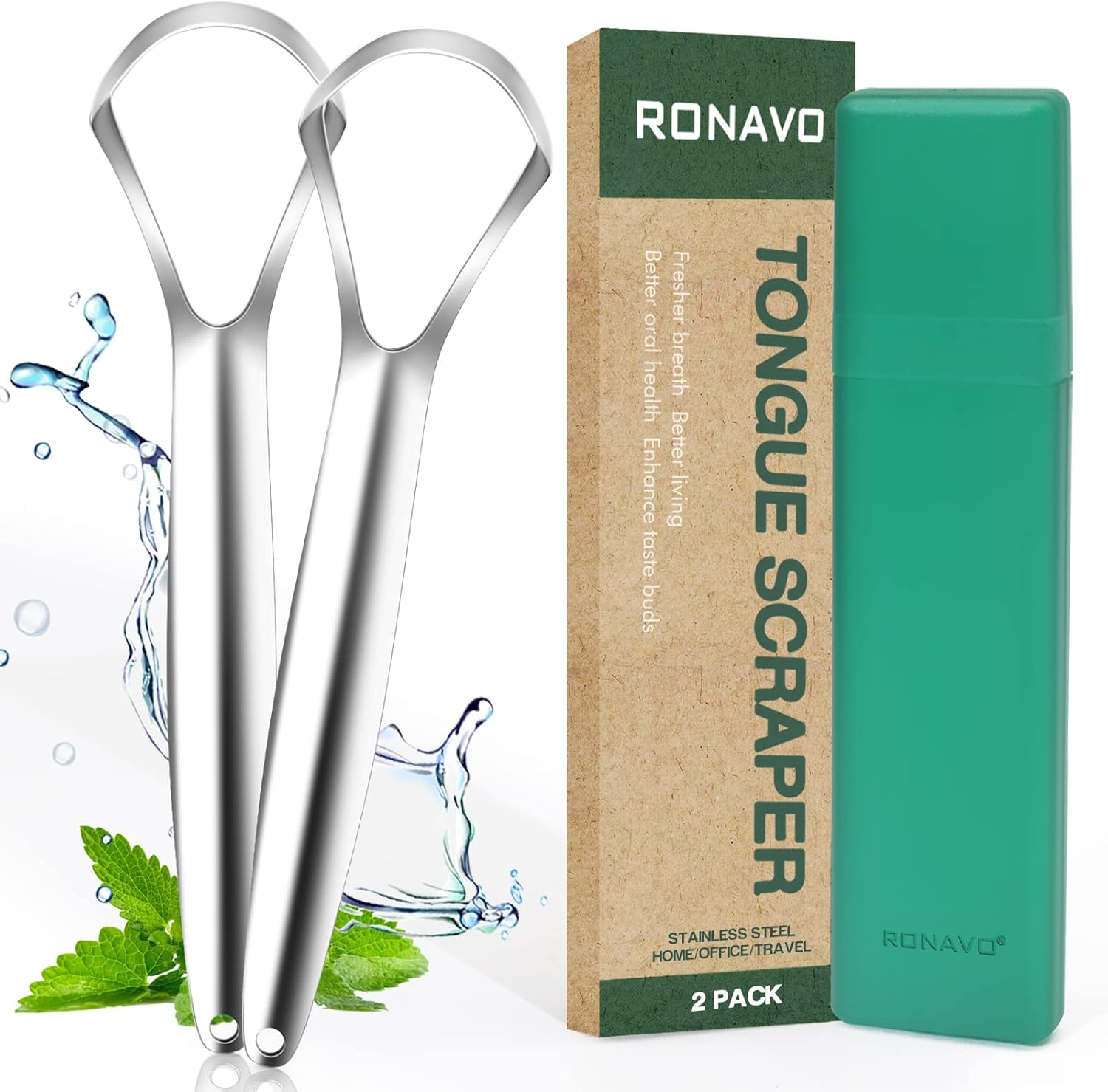 RONAVO Tongue Scraper Stainless Steel (2 Pack), Cure Bad Breath Medical Grade Tongue Cleaners, 100% BPA Free Metal Tongue Scrapers Fresher Breath in Seconds