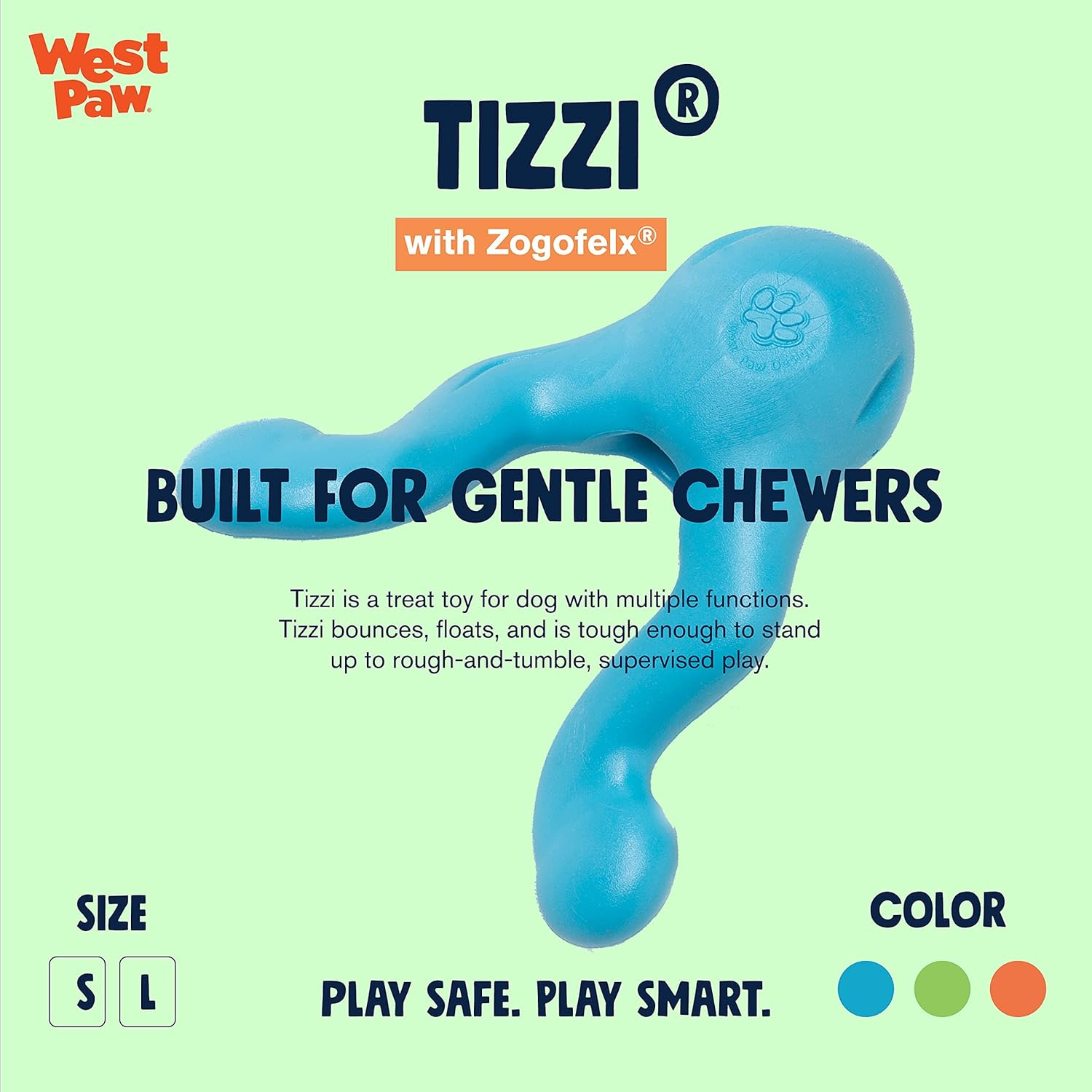 West Paw Zogoflex Tizzi Interactive Treat Dispensing Dog Fetch Play Toy, 100% Guaranteed Tough, It Floats!, Made in USA, 7-Inch Large, Aqua image number 5