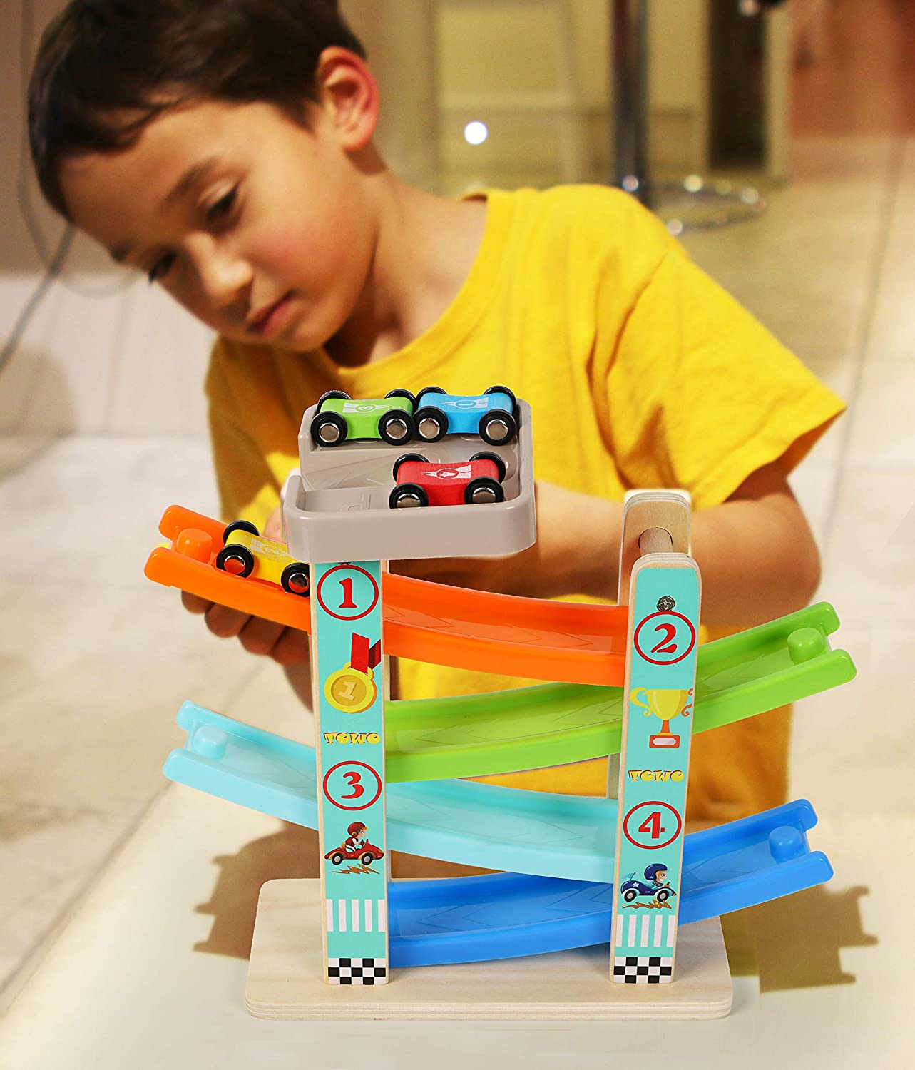 TOWO Wooden Car Ramp Toy- Zig Zag Car Slide with 4 Wooden Cars & Roof Top Car Park Playsets-Click Clack Track Wooden Car Toys for Toddlers -Racing Car Toys for Kids Boys Girls 1 2 3 4 image number 5