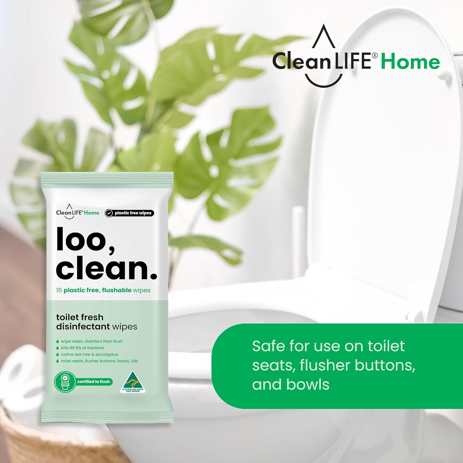 Cleanlife Flushable Toilet Wipes - Biodegradable Bathroom Cleaning Sheets, Travel Disinfectant Surface with Tea Tree & Eucalyptus for Seat, Bowl & Public Loo Hygiene, 15 Wipes image number 5