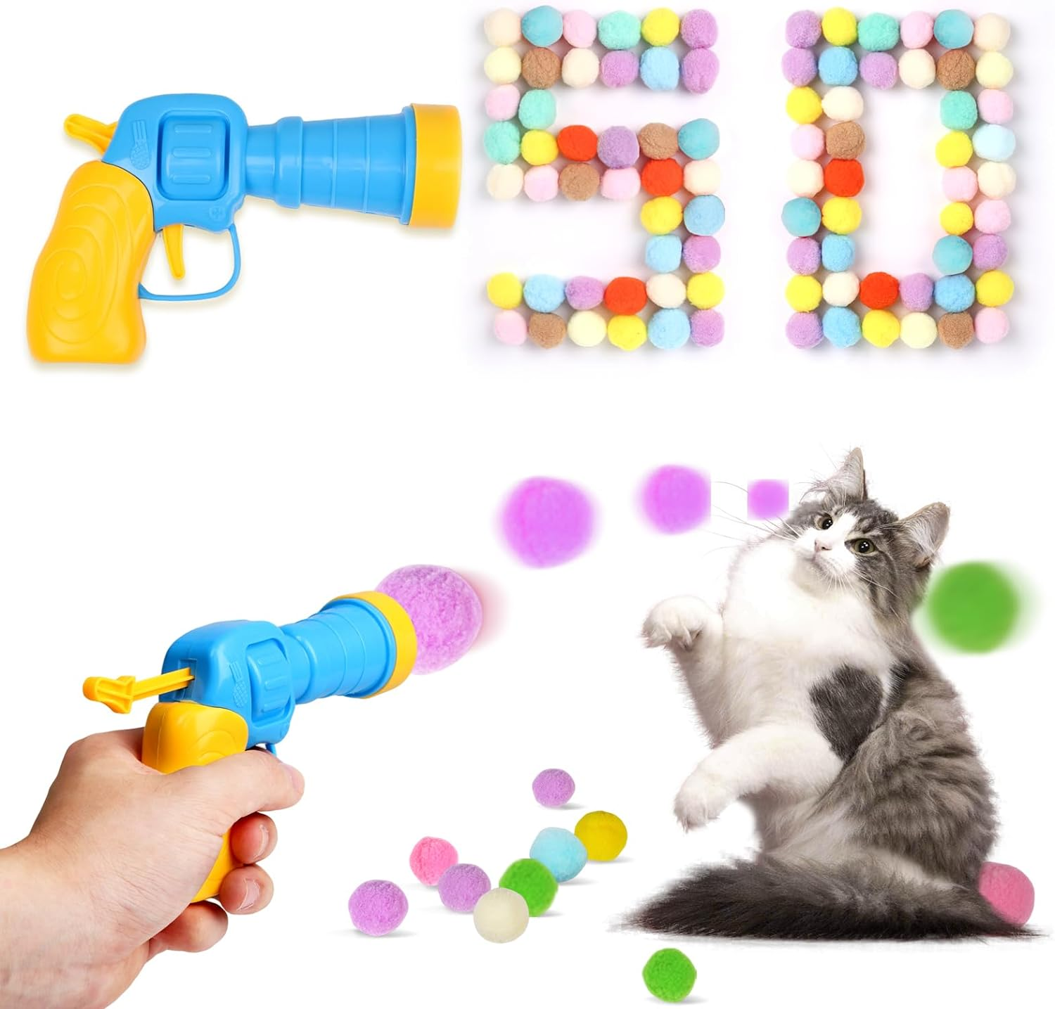 50Pcs Cat Toys Pom Pom Balls with 1 Launcher Set, Interactive Cat Toy Stuff for Indoor Both Adult & Kitten Toys image number 2