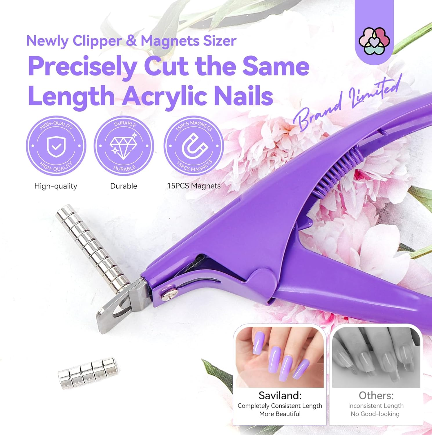 SAVILAND Acrylic Nail Clippers with Magnets: Purple Nail Clipper for Acrylic Nails Cutter with Sizer Magnets 15PCS Sharp Professional Fake Nails Stainless Nail Trimmer Manicure Tool Women Salon Home image number 4