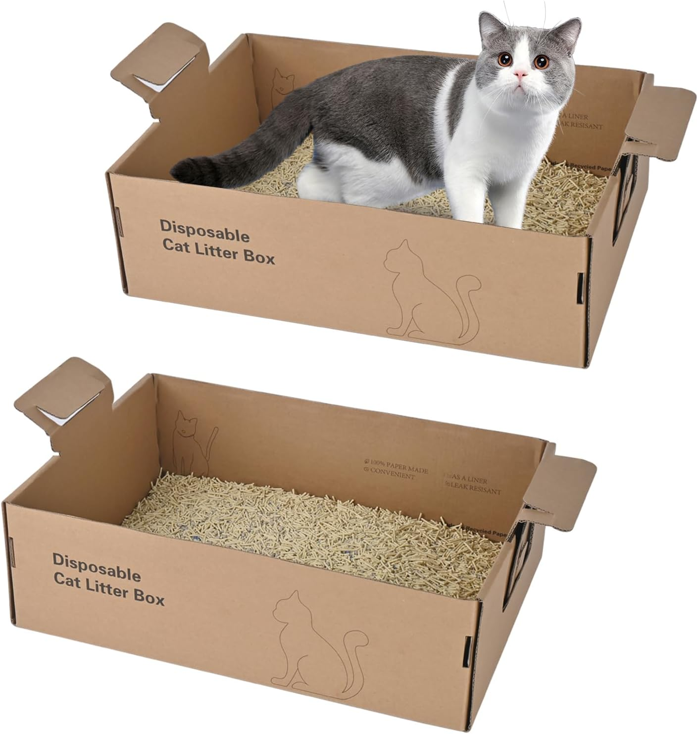 2 Pack Disposable Litter Boxes for Cats, 17.4" X 12.3" X5.4" Large Cardboard Cat Litter Box, Extra Thick Portable Travel Litter Box for Cats, Foldable, Waterproof, Leak Resistant (L, Count, 2) image number 1