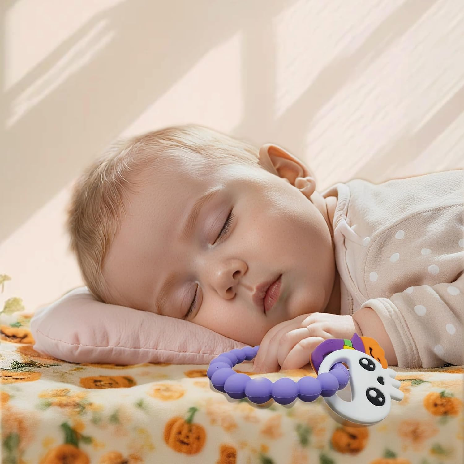 NNAKLLI Halloween Baby Teething Toys, Food Grade Silicone Teether for 3-12 Months, Textured Sensory Chewing Ring for Infants & Toddlers, Boo Basket Stuffer, Great for Baby&rsquo;S First Halloween (Pumpkin & Skeleton) image number 3